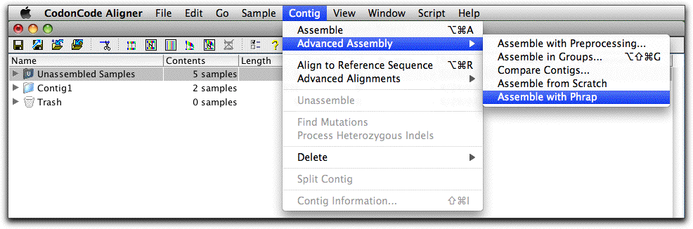 sequence assembly with Phrap in CodonCode Aligner